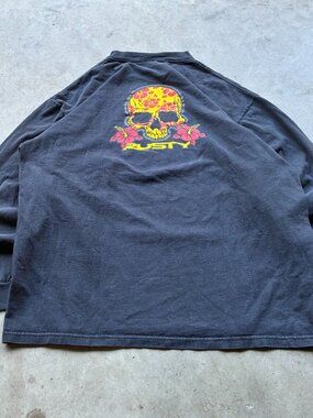 Vintage Y2K Rusty Surf Hibiscus Skull Faded Black Long Sleeve Tee XL